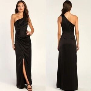 NWOT Lulu's Black Satin One-Shoulder Maxi Dress